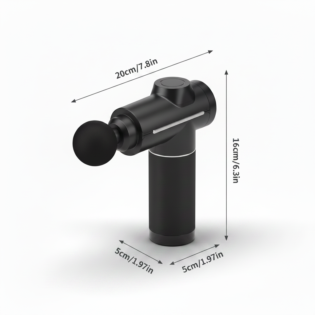 MoveMax Black Massage Gun — 3D with Dimensions
